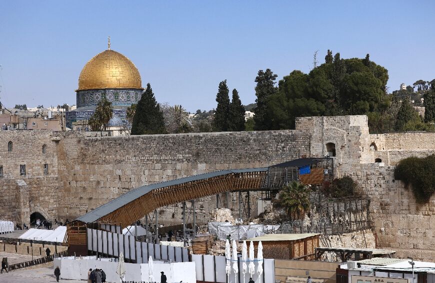 A view of the Western wall in Jerusalem, with the Al-Aqsa Mosque complex in the background 