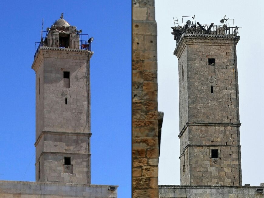 The minaret of the mosque inside Aleppo's UNESCO-listed citadel seen before and after Monday's earthquake
