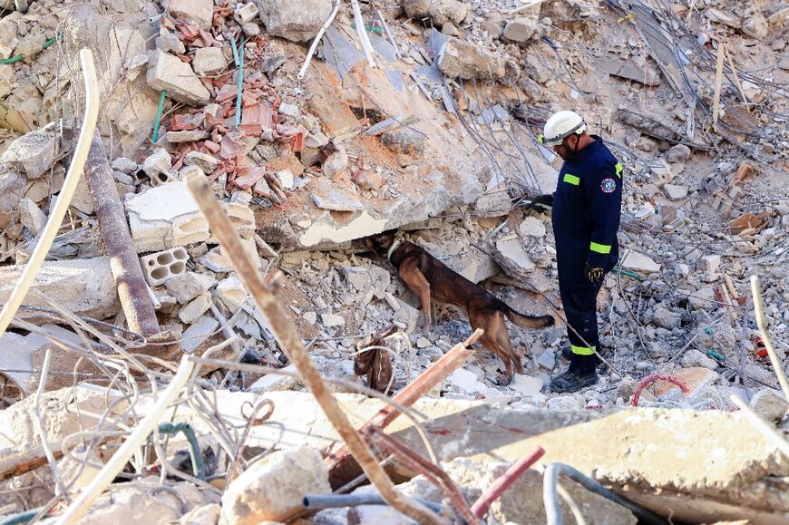 A rescuer, with the help of a dog, searches for victims amidst the rubble of a collapsed building