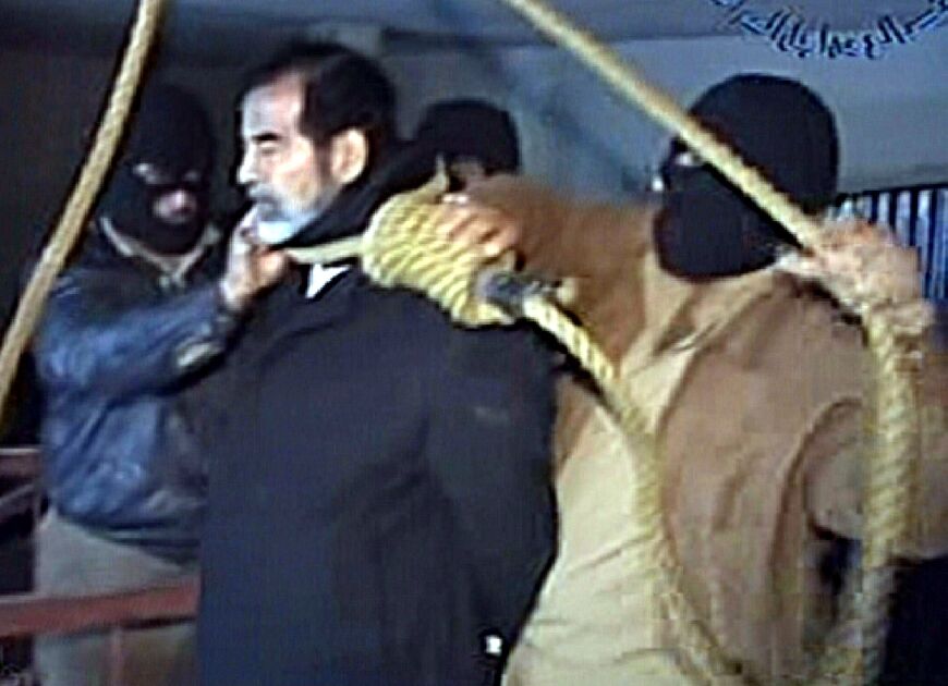 Ousted Iraqi president Saddam Hussein moments before being hanged in Baghdad, seen in a file video image grab taken from al-Iraqiya television 
