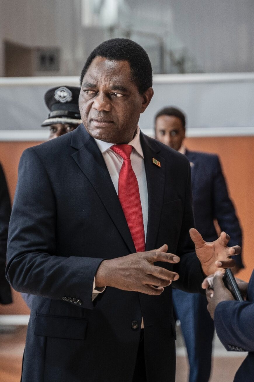 Zambian President Hakainde Hichilema, increasingly seen by the United States as a model on democracy, arrives at the African Union headquarters in Addis Ababa on February 19, 2023