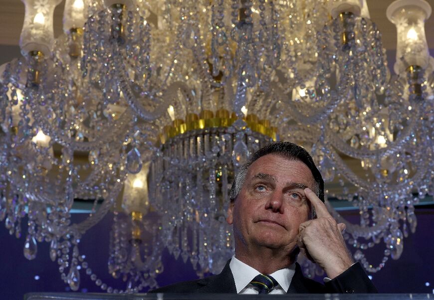 Brazil's former far-right president Jair Bolsonaro speaks at an event in Doral, Florida in February 2023