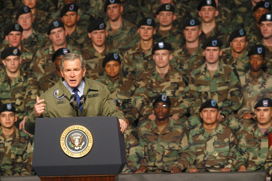 Then-US president George W. Bush addresses troops on January 3, 2003 in Fort Hood, Texas, in the lead-up to the Iraq invasion