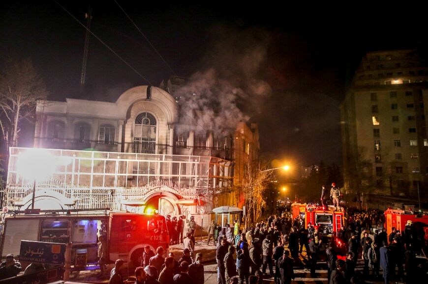 Iranian protesters set fire to the Saudi embassy in Tehran on January 2, 2016
