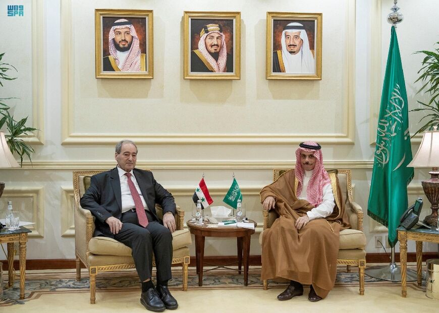 On April 12,  Syrian Foreign Minister Faisal Mekdad (R) metg with Saudi Foreign Affairs Minister Prince Faisal bin Farhan (L) in Jeddah