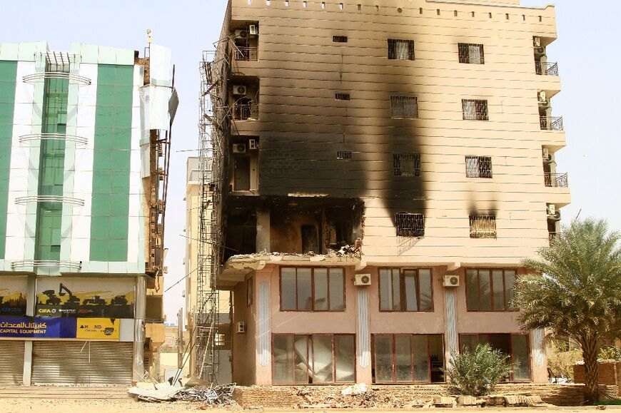 A building damaged during battles between the forces of two rival Sudanese generals in the southern part of Khartoum, on April 23, 2023