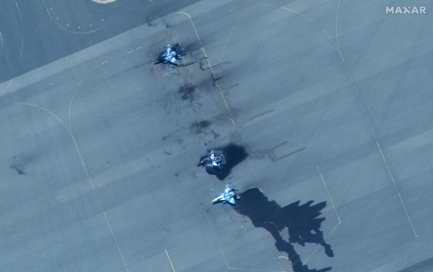 A satellite photo shows damaged warplanes at Sudan's Merowe airport