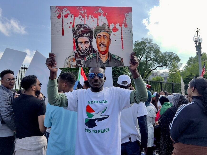 Activists demonstrate in front of the White House, calling on the US to intervene to stop the fighting in Sudan, on April 29, 2023