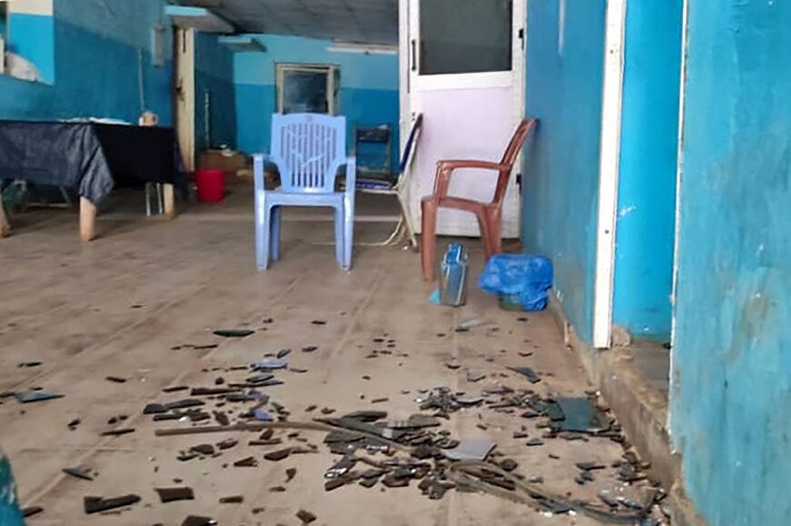 Shattered glass in an abandoned hospital in El Geneina, the capital of West Darfur, in a picture from May 1, 2023
