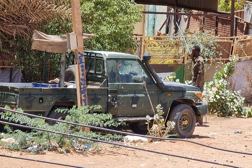 Security forces affiliated with the Sudanese Army man a position in Khartoum's Jabra neighbourhood on May 1, 2023, as clashes continue in war-torn Sudan