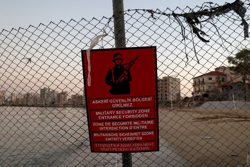 A Turkish army sign on the fenced-off area of Varosha in Famagusta town in the self-proclaimed Turkish Republic of Northern Cyprus, pictured on July 16, 2021