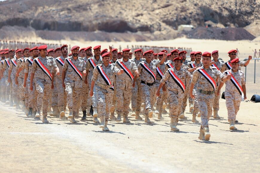 Fighters loyal to Yemen's Saudi-backed government during a graduation ceremony in the northeastern province of Marib, on March 17, 2023