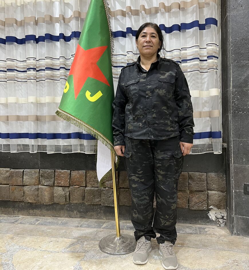 Nujin Derik, the YPJ commander in charge of IS detention centers, in northeast Syria at a military base in Hasakah, April 24, 2023. (Amberin Zaman)
