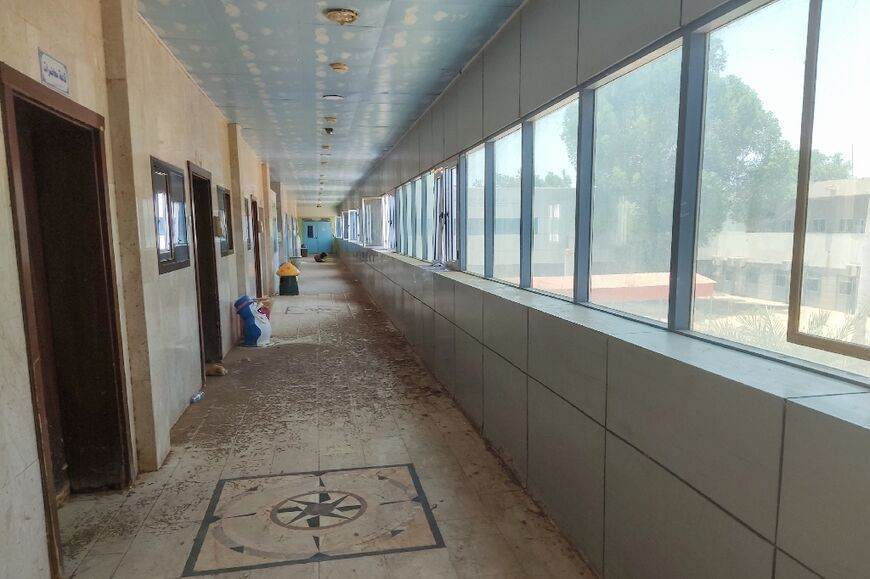 An empty hallway at Soba University Hospital in southern Khartoum where only the dialysis department remains open