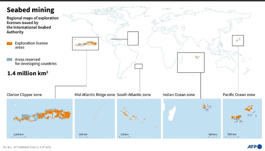 World map showing areas of seabed mining exploration licenses issued by the International Seabed Authority 