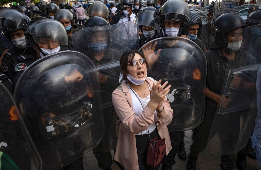 A Moroccan activist chants during a protest demanding the release of Moroccan journalist Soulaimane Raissouni in the capital Rabat on July 10, 2021