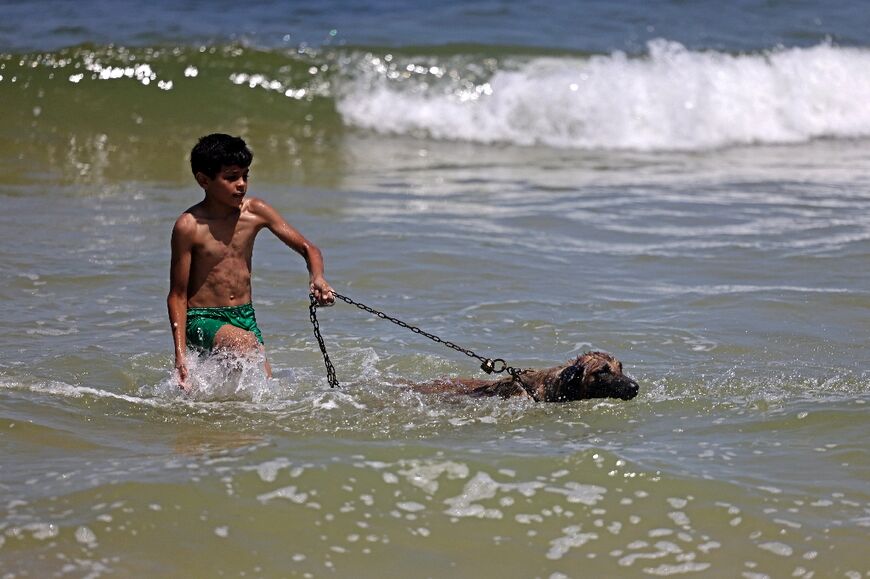 A Palestinian boy and his dog walk in the seawater amidst soaring temperatures in Gaza City 