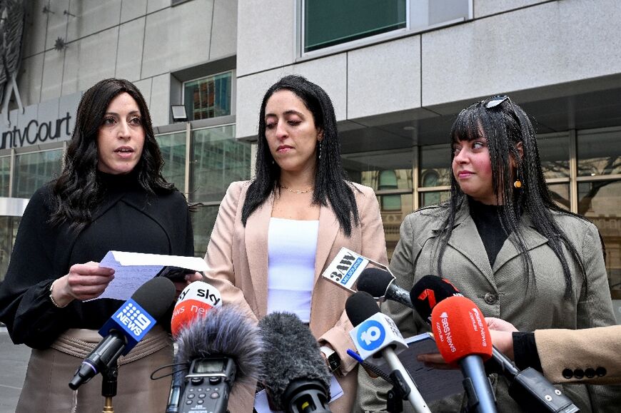 (L-R) Sisters Nicole Meyer, Elly Sapper and Dassi Erlich speak to the media outside the County Court in Melbourne after ex-headmistress Malka Leifer's sentencing Thursday