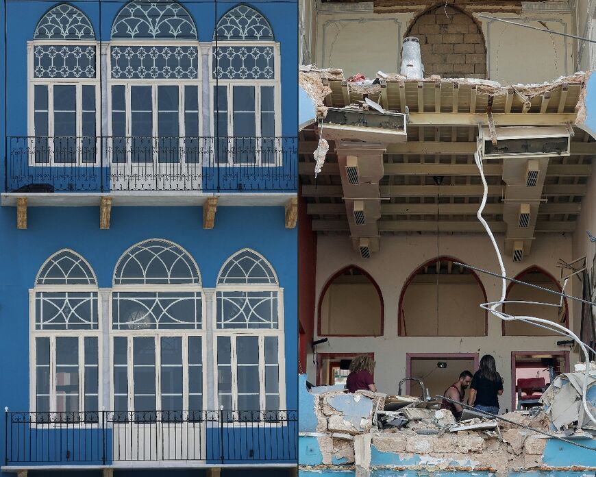 The facade of a newly restored traditional house in Beirut's Gemmayzeh neighbourhood on August 2, 2023 compared to after the blast in August 2020