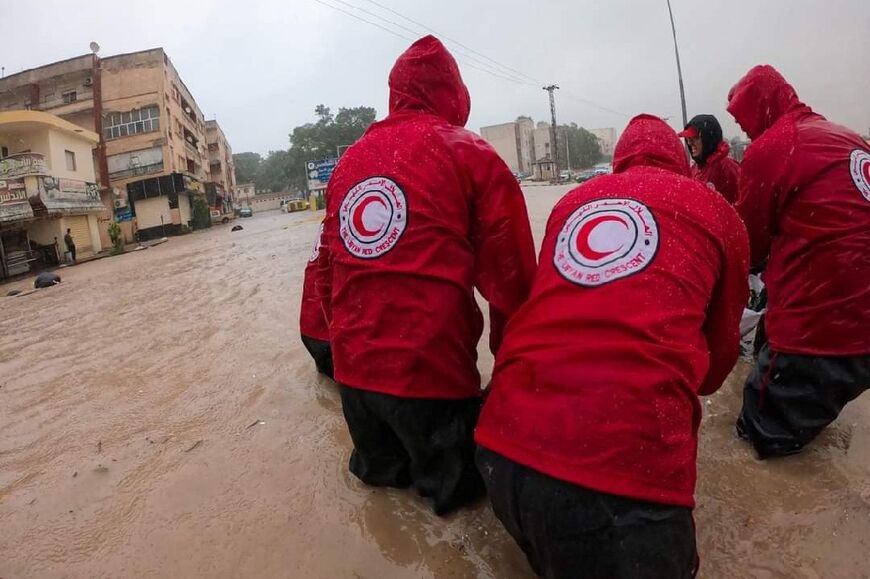 Libyan Red Crescent rescuers in the flood-hit town of al-Bayda 