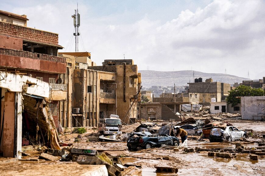 Destroyed buildings and vehicles in the eastern Libyan city of Derna in the wake of the Mediterranean storm "Daniel", in a picture provided by the office of Libya's Benghazi-based interim prime minister 