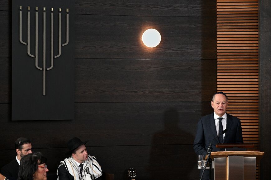 Olaf Scholz, right, at the opening of the Weill Synagogue in Dessau-Rosslau, eastern Germany