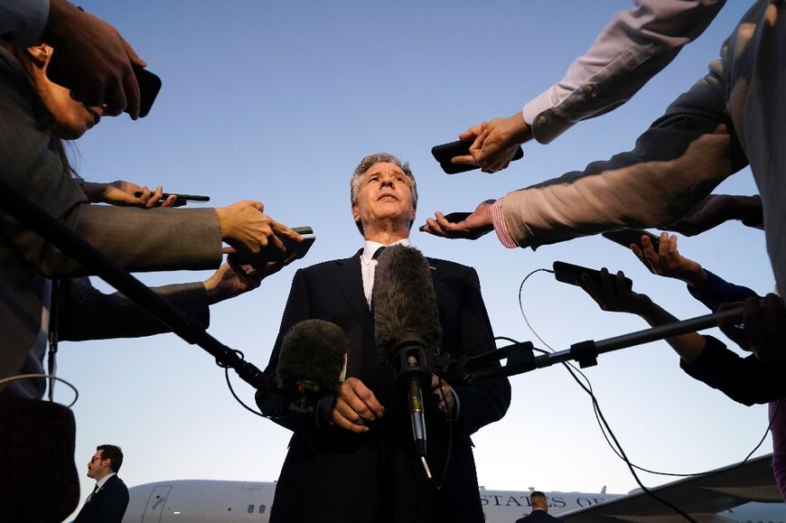 US Secretary of State Antony Blinken speaks to the media before boarding his plane in Cairo 