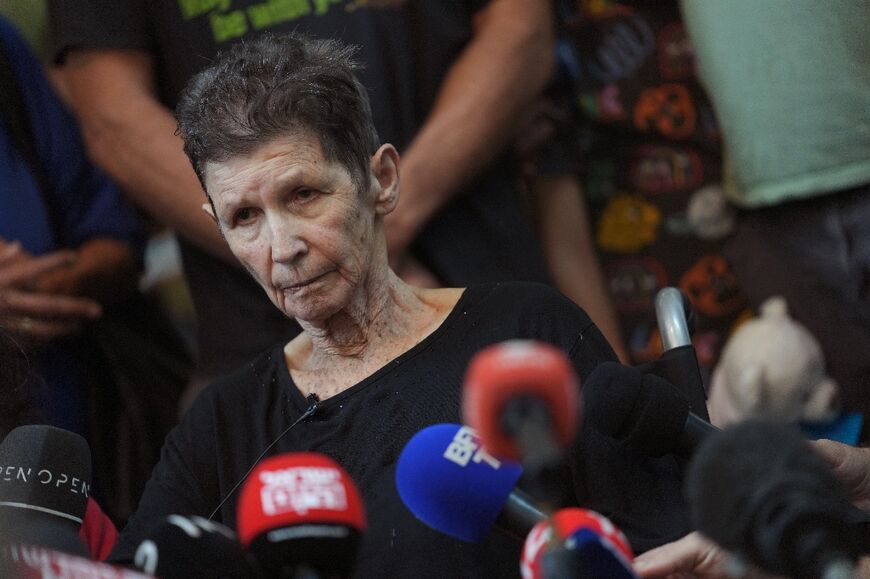 Israeli Yocheved Lifshitz, 85, holds a press conference in Tel Aviv after she was released by Palestinian militant group Hamas on October 24, 2023
