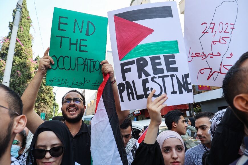 Students from the American University of Beirut (AUB) rally outside campus in support of the Palestinian people after the shock Hamas attack on Israel