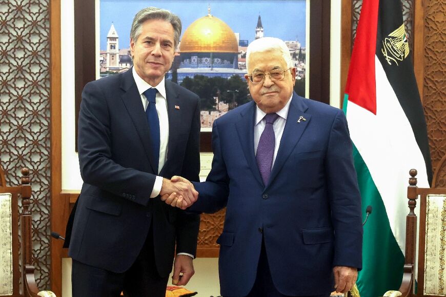 Palestinian president Mahmud Abbas (R) meeting with US Secretary of State Antony Blinken in the occupied West Bank city of Ramallah