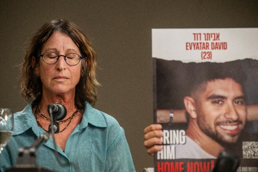 Galia David with a picture of her 22-year-old son Evyatar, held hostage by Palestinian Hamas militants