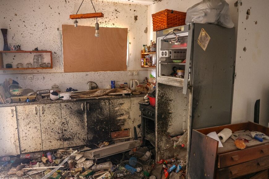 The kitchen of a house in Kibbutz Kissufim in southern Israel after the October 7 attack by Hamas militants, seen in an image from November 20, 2023