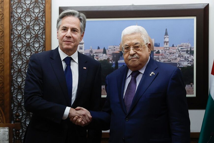 US Secretary of State Antony Blinken (l) met with Palestinian president Mahmud Abbas in the West Bank on Sunday