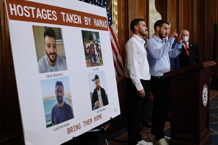 Brothers Ido Lulu Shamriz and Yonatan Lulu Shamriz speak about their brother Alon, who was kidnapped by Hamas, during a news conference organized by US House Republicans