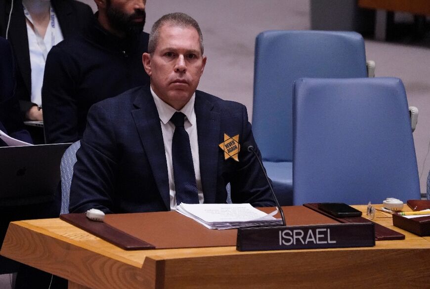 Gilad Erdan, Israel's Permanent Representative to the UN, wears a yellow star as the UN Security Council meets about the conflict between Israel and Hamas, on November 10, 2023, at UN Headquarters in New York City