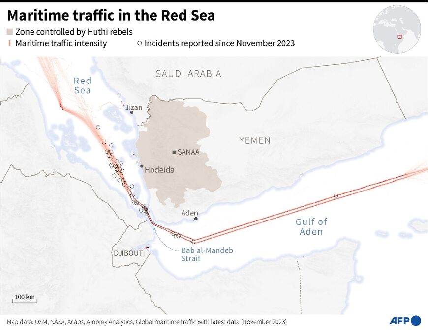 Map of the Red Sea and the Gulf of Aden, showing maritime traffic intensity and reported incidents in the region since November 2023