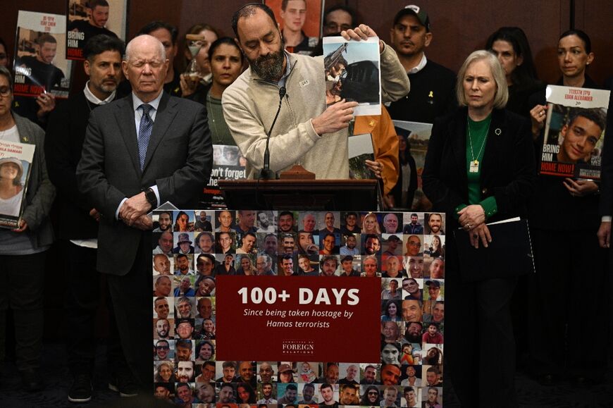Jonathan Polin, father of Israeli hostage Hersh Goldberg-Polin, joined by other relatives of Hamas captives, speaks during a press conference on Capitol Hill in Washington