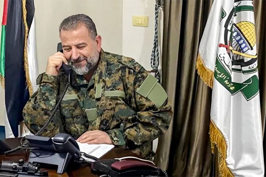 Hamas's deputy chief Saleh al-Aruri seen at an office in Beirut, in an undated picture provided by the media office of the Palestinian Hamas movement