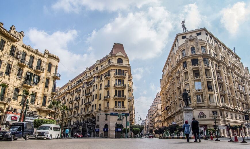 TOPSHOT - This picture taken on March 8, 2019 shows a view of the central Talaat Harb square in the Egyptian capital Cairo's downtown district. Cairo's unique downtown district, with its elegant centuries-old, European-designed buildings, is wrestling to preserve its cultural heritage as the government prepares to move offices to a new desert capital. (Photo by Khaled DESOUKI / AFP) (Photo by KHALED DESOUKI/AFP via Getty Images)