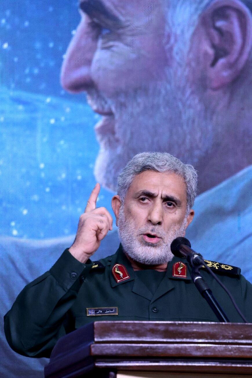 The commander of the Quds Force of the Islamic Revolutionary Guard Corps, Esmail Qaani, speaks during a commemoration ceremony for Qasem Soleimani on January 3, 2024