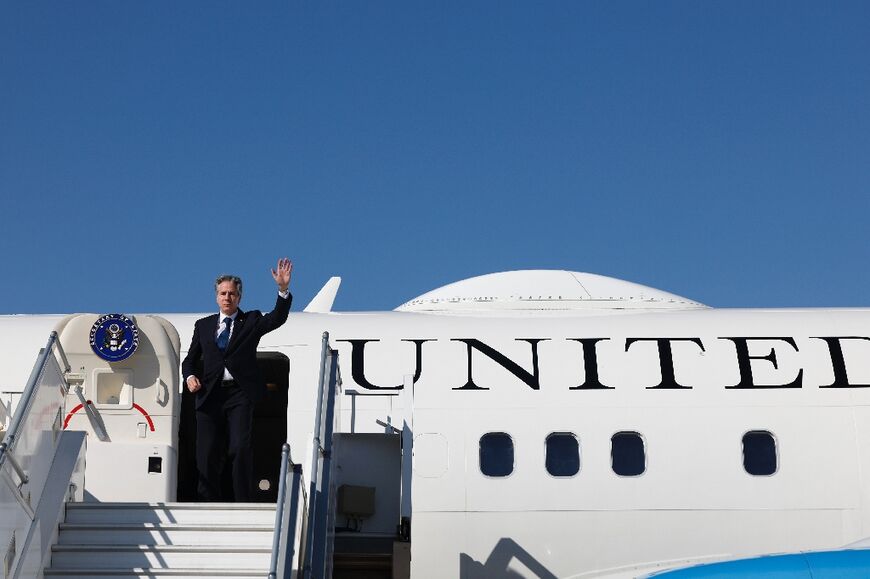 US Secretary of State Antony Blinken boards his plane in Amman, Jordan on his way to Qatar, the next stop on his Middle East tour seeking to avoid a wider conflagration in the Middle East
