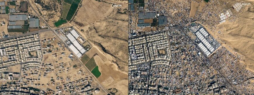 Satellite images show Rafah before and after Israel's bombardment forced hundreds of thousands to flee to the south Gaza city, on October 15, 2023 and January 14, 2024