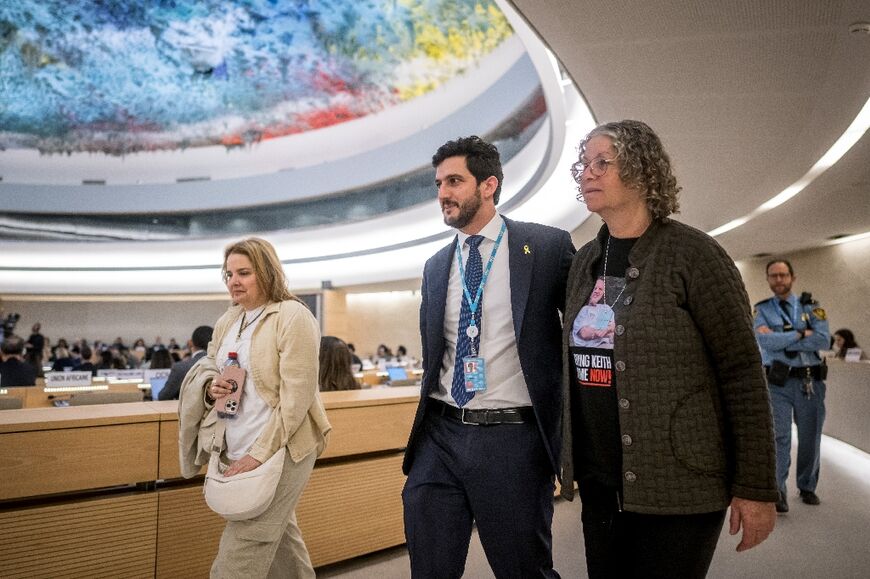 Israeli former hostages Raz Ben Ami (L) and Aviva Siegel (R) attended the United Nations Human Rights Council