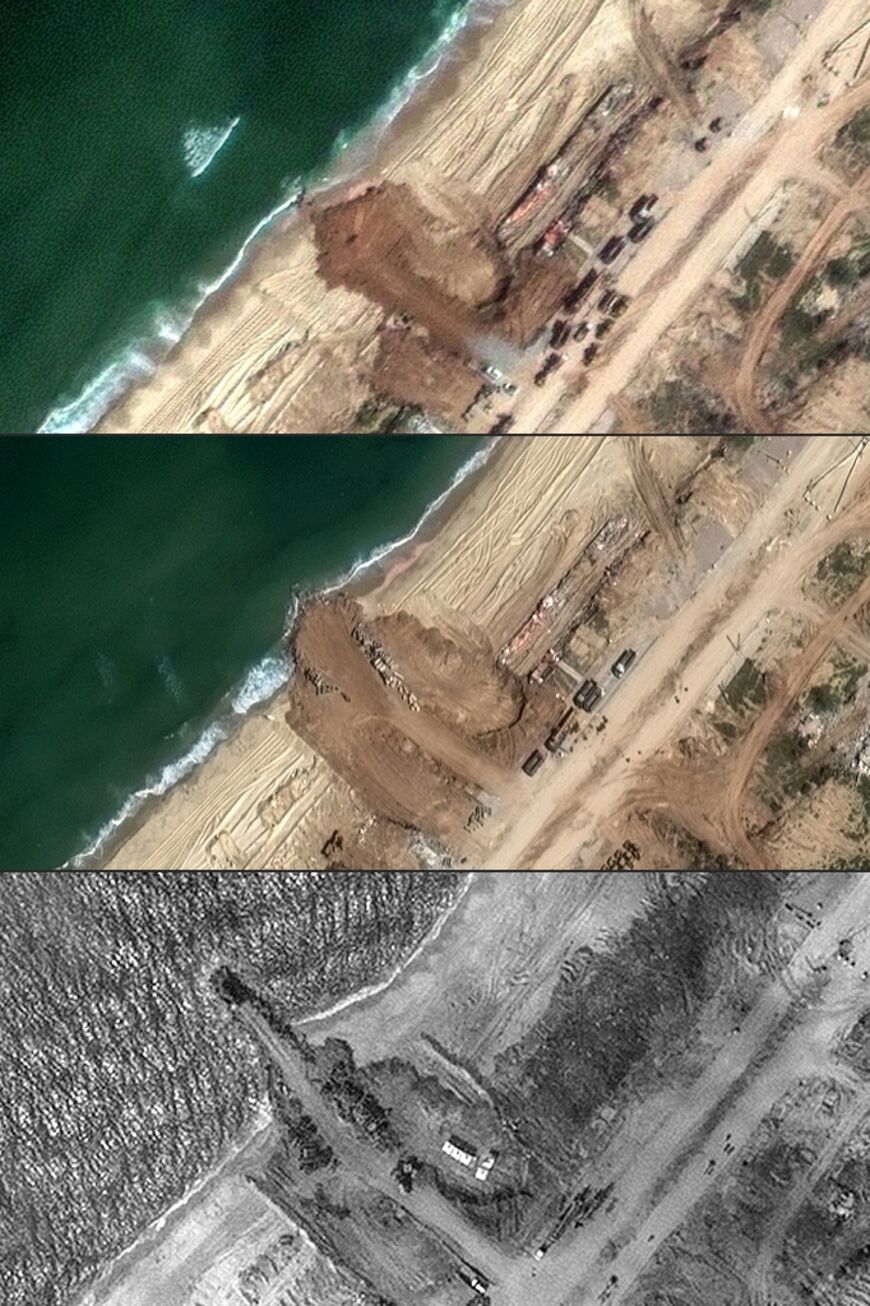 This combination of pictures shows handout satellite images released by Maxar Technologies dated (top to bottom) March 11, 12 and 13, of a jetty under construction along the beach in the Gaza Strip