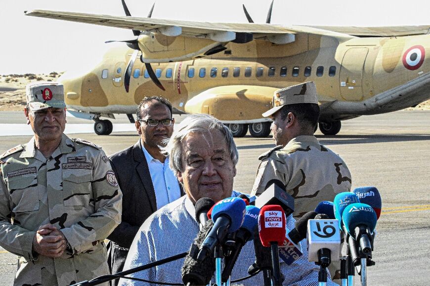 UN Secretary-General Antonio Guterres speaks to the media at El-Arish International Airport in Egypt's northeastern province of North Sinai on March 23, 2024