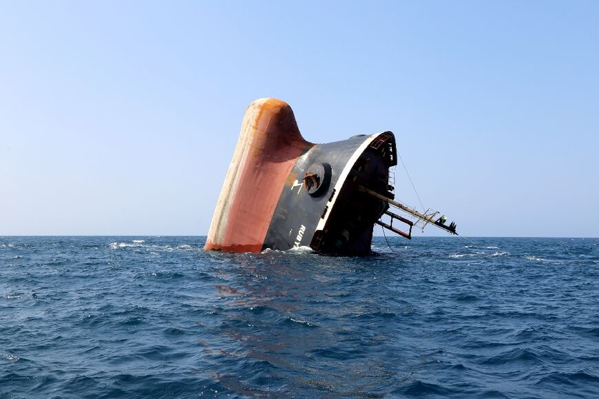 The Rubymar cargo ship is seen partly submerged off the coast of Yemen