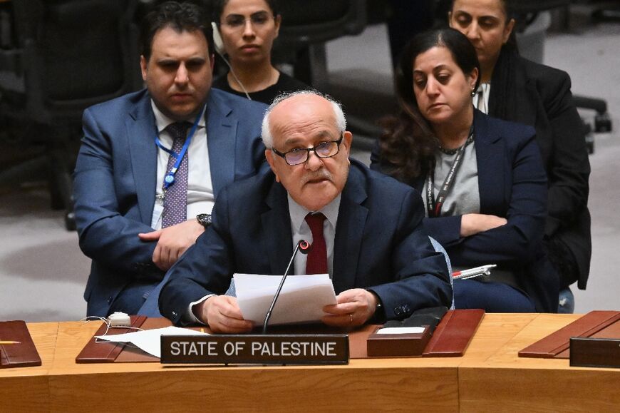 Palestinian Ambassador to the United Nations Riyad Mansour speaks during a UN Security Council meeting 