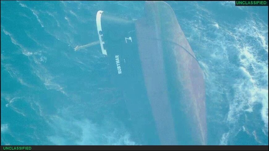 A handout picture released by the US Central Command shows the capsized Rubymar in the Red Sea, after taking damage due to a missile strike claimed by Yemen's Huthi rebels