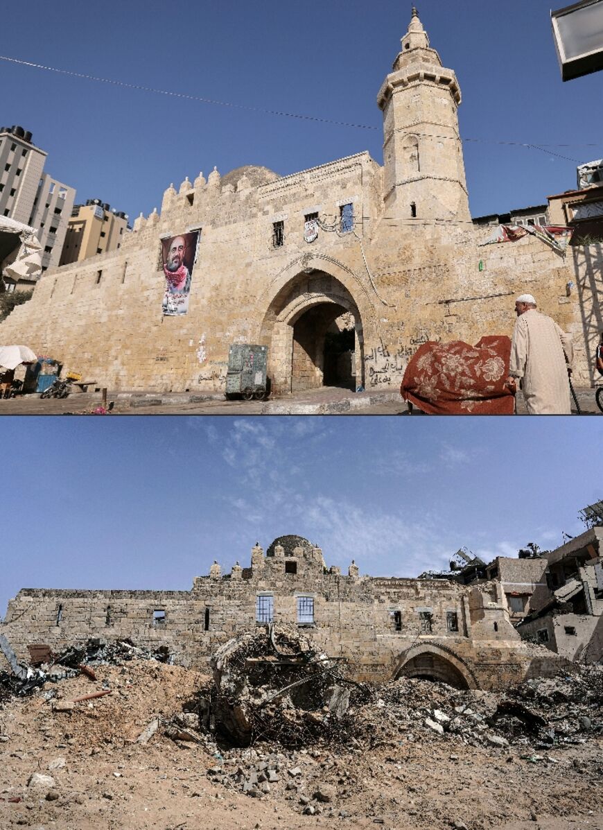 This combination of pictures shows (top) a file picture of the 13th century Barquq Castle in Khan Yunis in the Gaza Strip on July 18, 2021, and (bottom) a picture of the same castle in ruins on April 22, 2024 