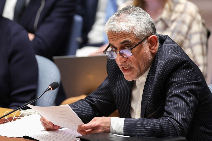 Iranian Ambassador to the UN Amir Saeid Iravani speaks during a United Nations Security Council meeting on the situation in the Middle East, including Iran's recent attack against Israel, at UN headquarters in New York City on April 14, 2024